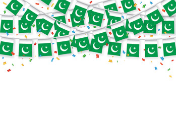 Garland Flags with white Background Banner, Hanging Bunting Flags for Pakistan independence day celebration. Vector illustration