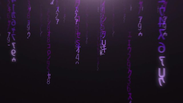 Flight through the falling purple matrix code
