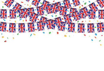 UK flags garland white background with confetti, Hang bunting for United Kingdom Day celebration template banner, Vector illustration