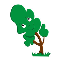The cartoon tree bends under wind pressure 