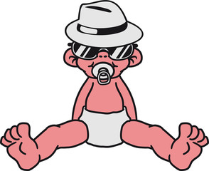 cool m&uuml;tze hut sonnenbrille schnuller gangster hipster sitzend klein s&uuml;&szlig; niedlich windel kind baby comic cartoon