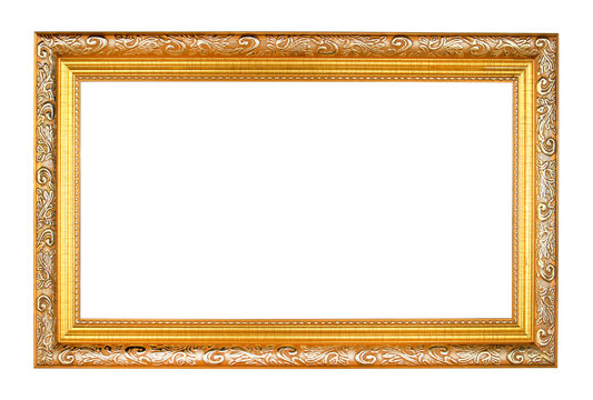 Rectangle antique golden frame isolated on white background.Rectangle gold frame isolated.Golden frame isolated