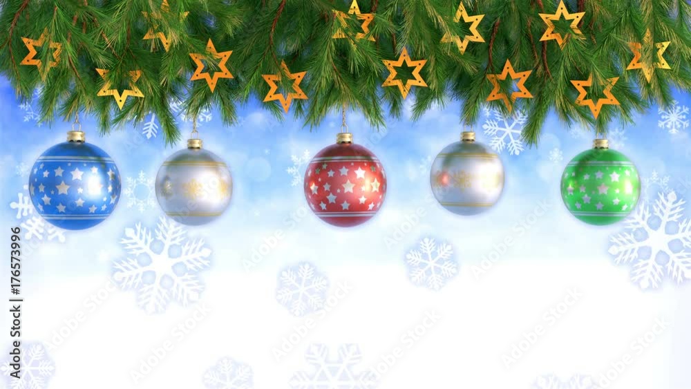 Wall mural christmas decorations hanging and rotating from twigs- 3d render. seamless loop