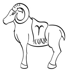 Aries -  ram with a blanket on it showing the symbol for Aries. Outline.