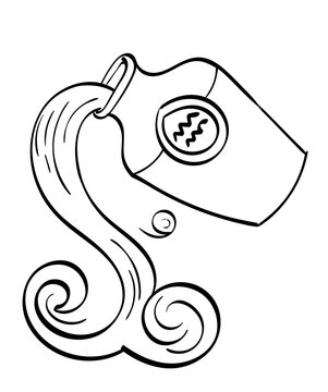 Aquarius - Water pouring from a clay jug with a symbolf for Aquarius on its outside. Outline.