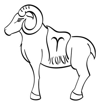 Aries -  ram with a blanket on it showing the symbol for Aries. Outline.