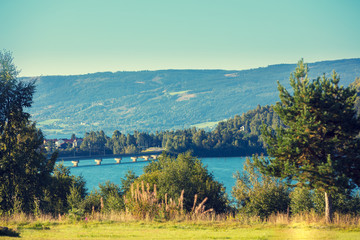 View of the fjord. Bridge over the fjord to the Gjovik city. Beautiful nature Norway