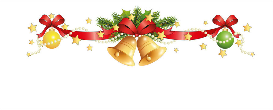 Weihnachtsgirlande mit Glocken, Perlen, Tannenbaumkugeln und Tannenzweige, 
Weihnachtsdekoration Banner
Vektor Illustration isoliert auf weißem Hintergrund 

