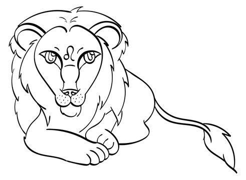 Leo - a lion laying down with the symbol of Leo on its forehead. Outline.