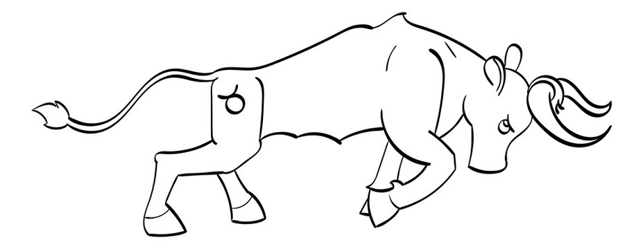 Taurus - a copper charging bull with the symbol of Taurus on its hind quarter. Outline.