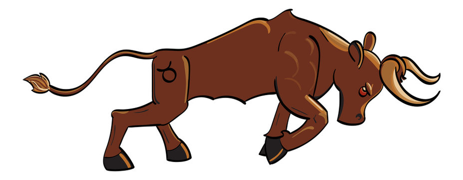 Taurus - a copper charging bull with the symbol of Taurus on its hind quarter.