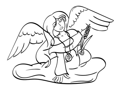 Virgo - an angel holding a piece of wheat with the symbol for Virgo on her medallion. Outline.
