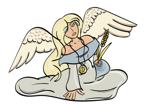 Virgo - an angel holding a piece of wheat with the symbol for Virgo on her medallion. 
