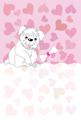 可愛い犬とハートと骨のピンクのメッセージカード