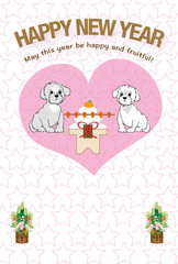 可愛い子犬とピンクのハート年賀状テンプレート