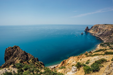Fototapeta premium Beautiful view of the mountains and rocky coast of the azure Black sea, Cape Fiolent, Crimea