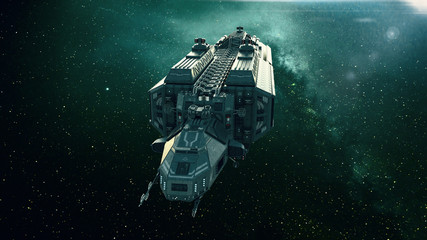 Spaceship in deep space, spacecraft flying through the universe with a bright star in distance, front view