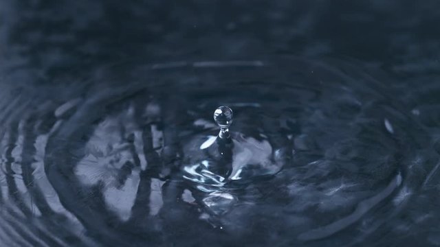 Droplet of clean fresh water falling and creating ripples, close up slow motion