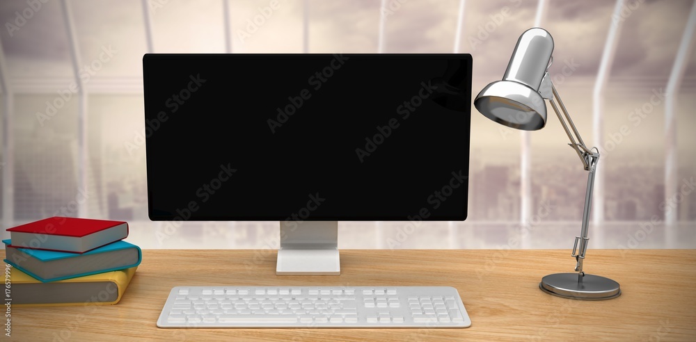 Poster composite image of a computer over a desk