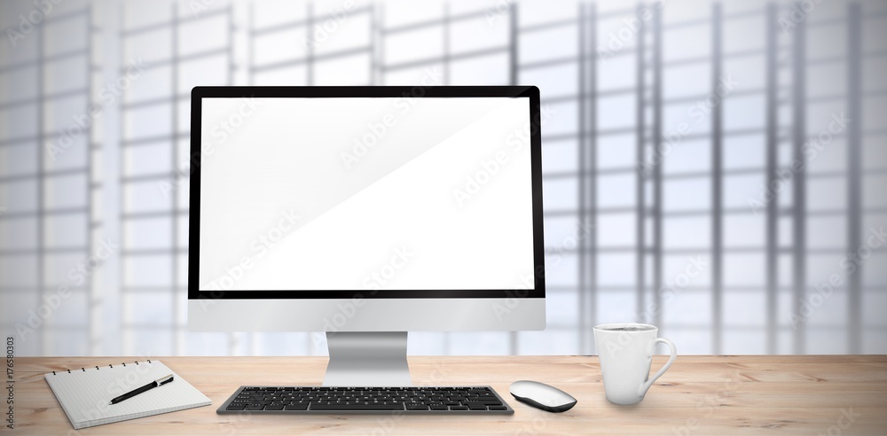 Poster composite image of image of a desk with computer