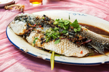 Steamed fish in black bean and soy sauce at Hong Kong restaurant