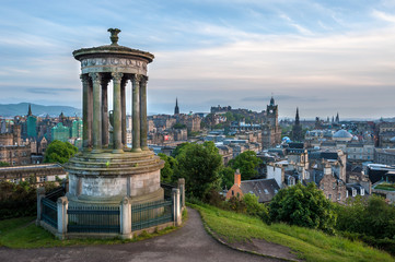 Fototapeta na wymiar View of Edinburgh from Calton Hill with the Dugald Stewart Monument in the foreground