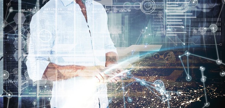 Composite image of handsome man using smart phone