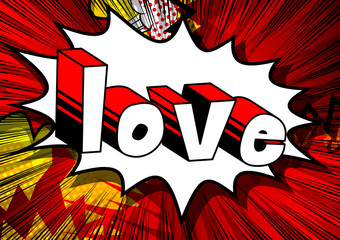 Love - Comic book style word on abstract background.