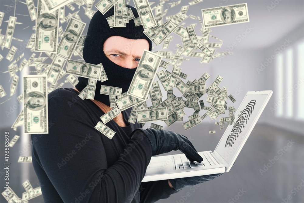 Poster composite image of hacker using laptop to steal identity