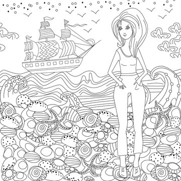 fashion young woman for coloring book