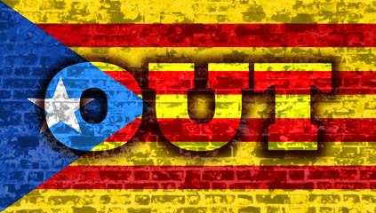 Image relative to politic situation between Spain and Catalonia. Catalonia flag textured by old brick wall. Out text on grunge background. Democracy political process.