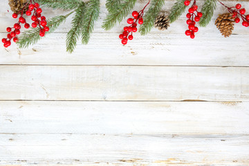 Christmas theme background with decorating elements and ornament rustic on white wood table. Creative Flat layout and top view composition with border and copy space design.