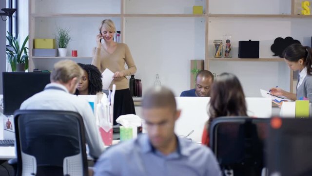  Excitable business team celebrating good news from manager after a phone call