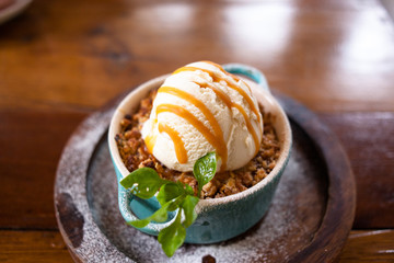 apple crumble dessert with ice cream