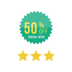 Green sticker and stars with 50% off discount. Template of the emblem with special offer flat vector eps 10