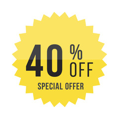 Yellow sticker with 40% discount. Template of the emblem with special offer flat vector eps 10