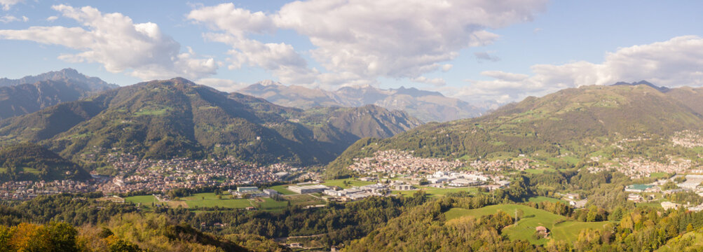 Drone aerial view to the villages of Leffe, Gandino, Casnigo, Peia and Cazzano Sant Andrea, located at Gandino Valley, Bergamo, Italy