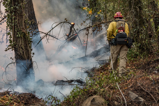 Firefighters defending homes on fire. Napa County, California, United States, Friday, 13th October, 2017. Devistation throughout county.