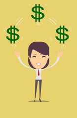 Happy woman enjoying of money. Stock vector illustration for poster, greeting card, website, ad, business presentation, advertisement design.