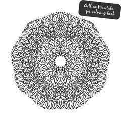 Outline Mandala for coloring book. Decorative round ornament. Anti-stress therapy pattern. Weave design element. Yoga logo, background for meditation poster. Unusual flower shape. Oriental vector.