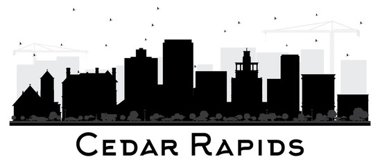 Cedar Rapids Iowa skyline black and white silhouette.