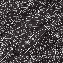 Fantasy herbal branches seamless pattern on a chalkboard background