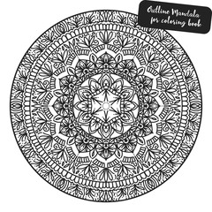 Outline Mandala for coloring book. Decorative round ornament. Anti-stress therapy pattern. Weave design element. Yoga logo, background for meditation poster. Unusual flower shape. Oriental vector.
