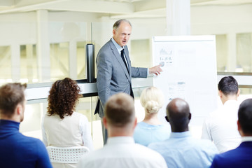 Confident boss pointing at diagram in financial document on whiteboard while explaining sales rate