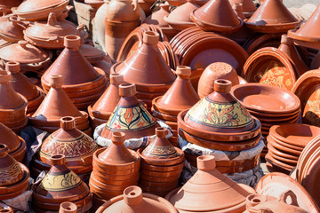 Fototapeta na wymiar Ceramic tagins in city market. Meknes. Morocco