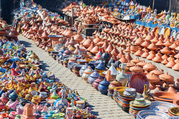 Ceramic tagins in city market. Meknes. Morocco