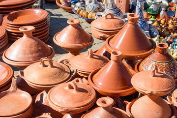 Fototapeta na wymiar Ceramic tagins in city market. Meknes. Morocco