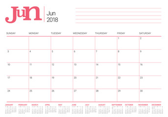 June 2018 calendar planner vector illustration