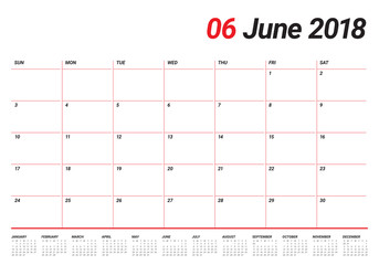 June 2018 calendar planner vector illustration