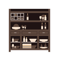 Fototapeta premium Hutch kitchen buffet with dishes of different bottles and glasses, cans and plates. Flat vector.